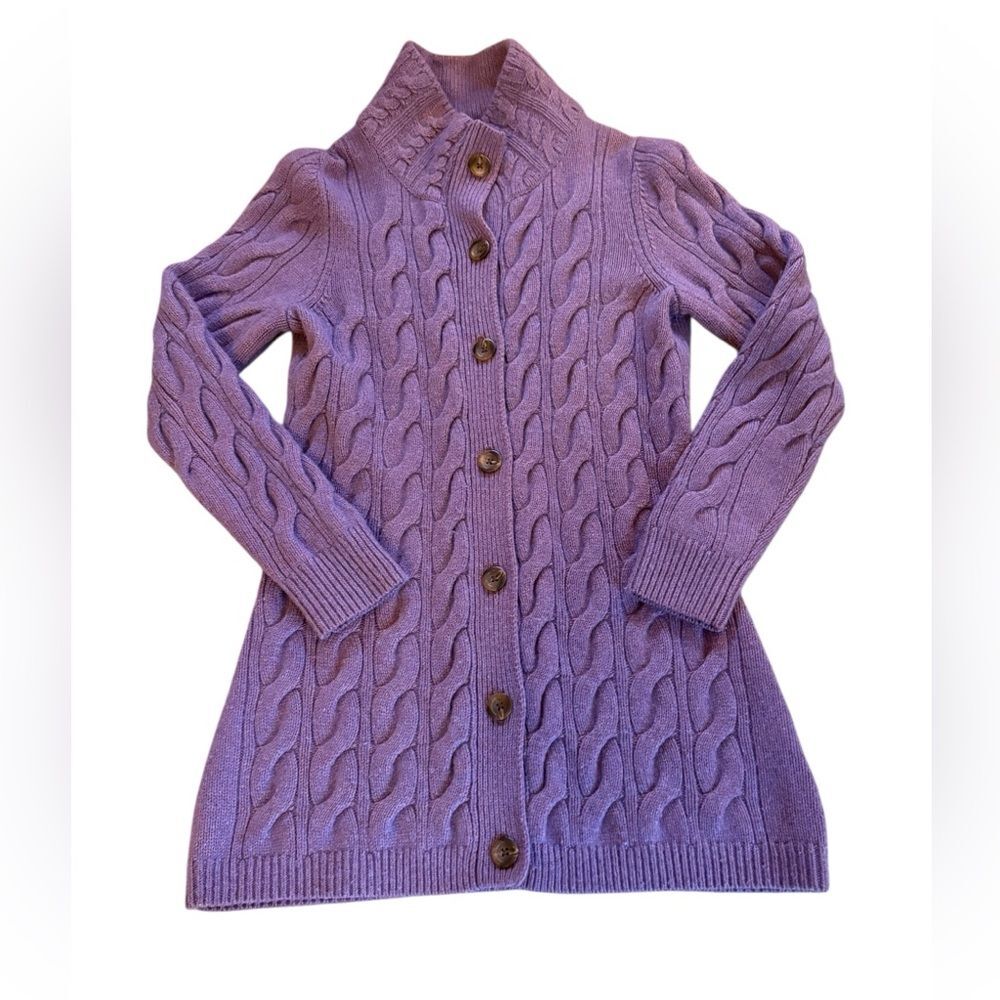 LL Bean Purple Chunky Long Wool Cable Knit Cardigan Sweater Womens Small Medium